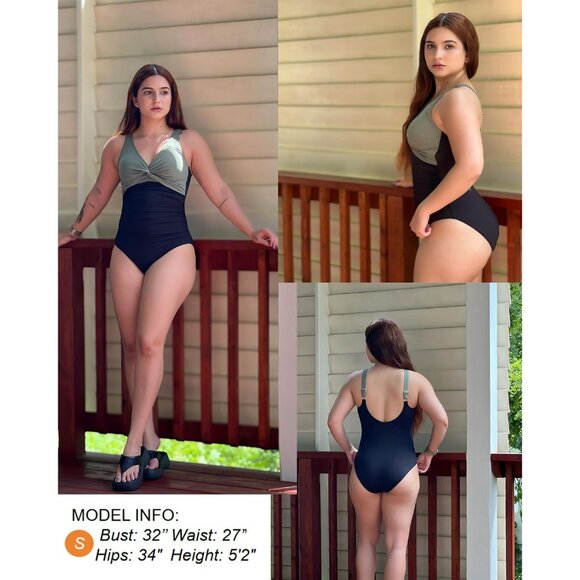 Holipick Women Green and black Tummy Control One Piece Push Up Bathing Swimsuit - Picture 5 of 6